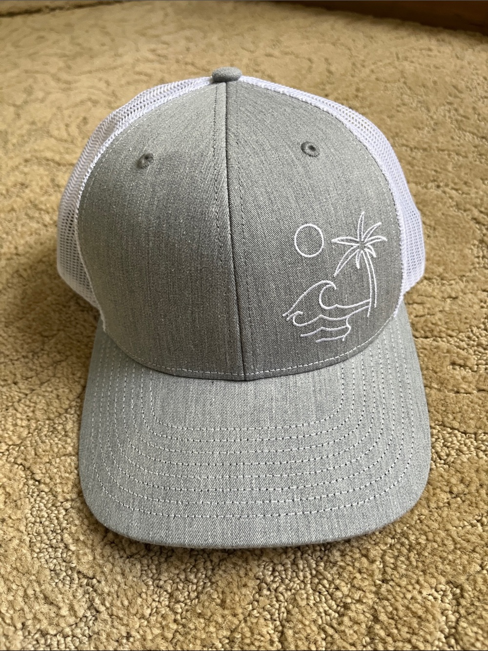 Beach Hat- Gray and White Trucker Hat with Wave, Palm Tree & Sun Embroidery